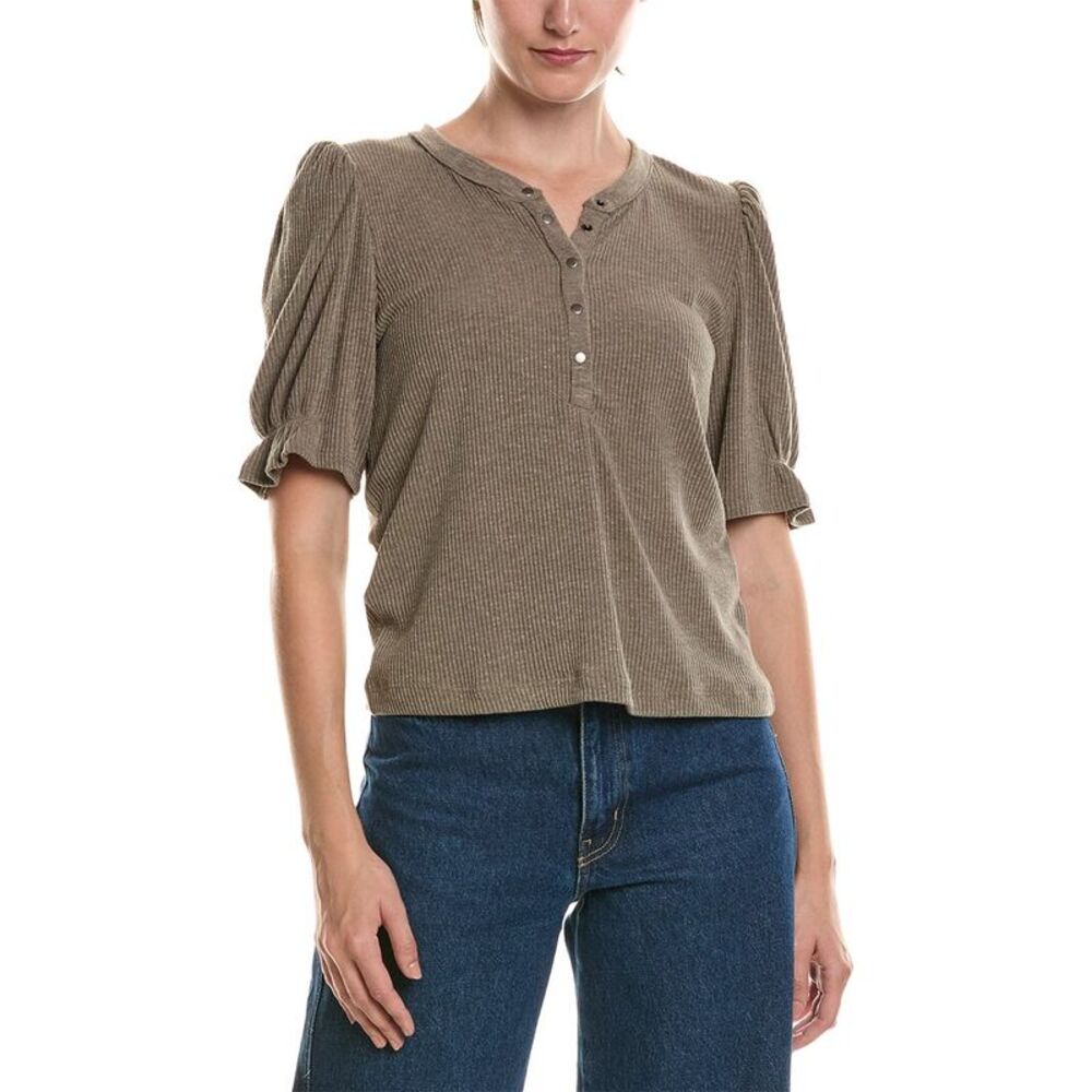 Michael Stars Womens Jayden Ribbed Henley Femme Top, Blue